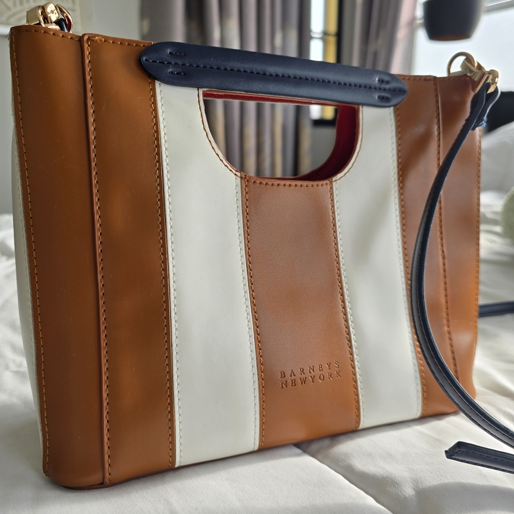 Barneys New York Brown, White & Navy Leather Stripe Crossbody Bag